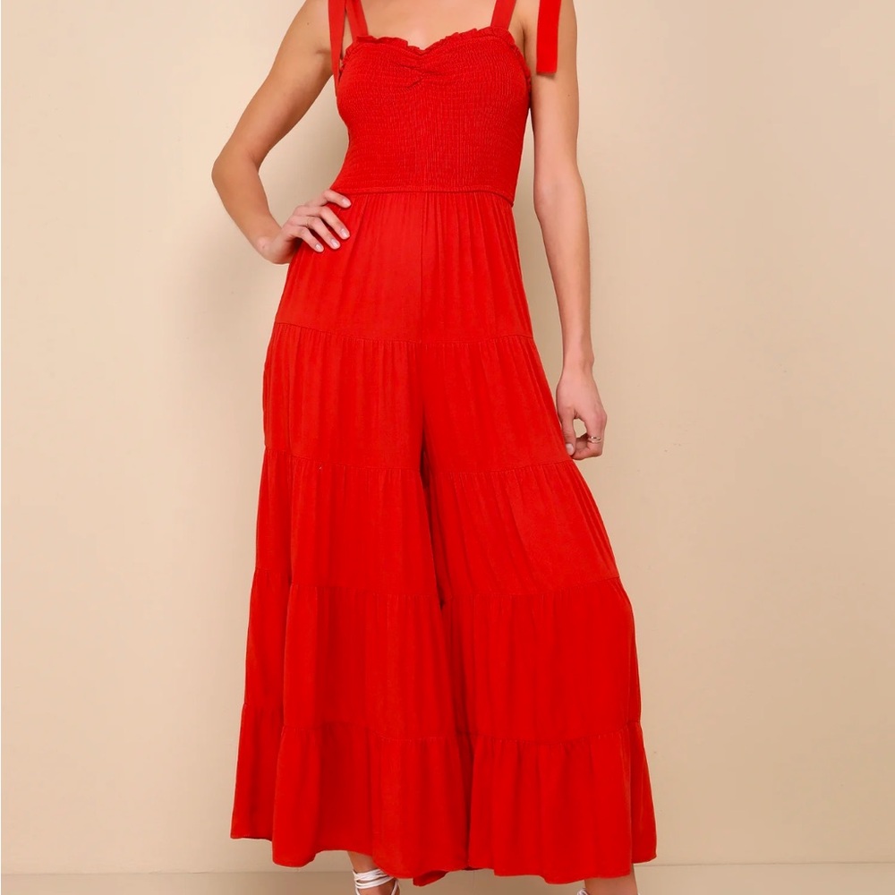 Sunny Days Off Rust Red Smocked Tie-Strap Jumpsuit
